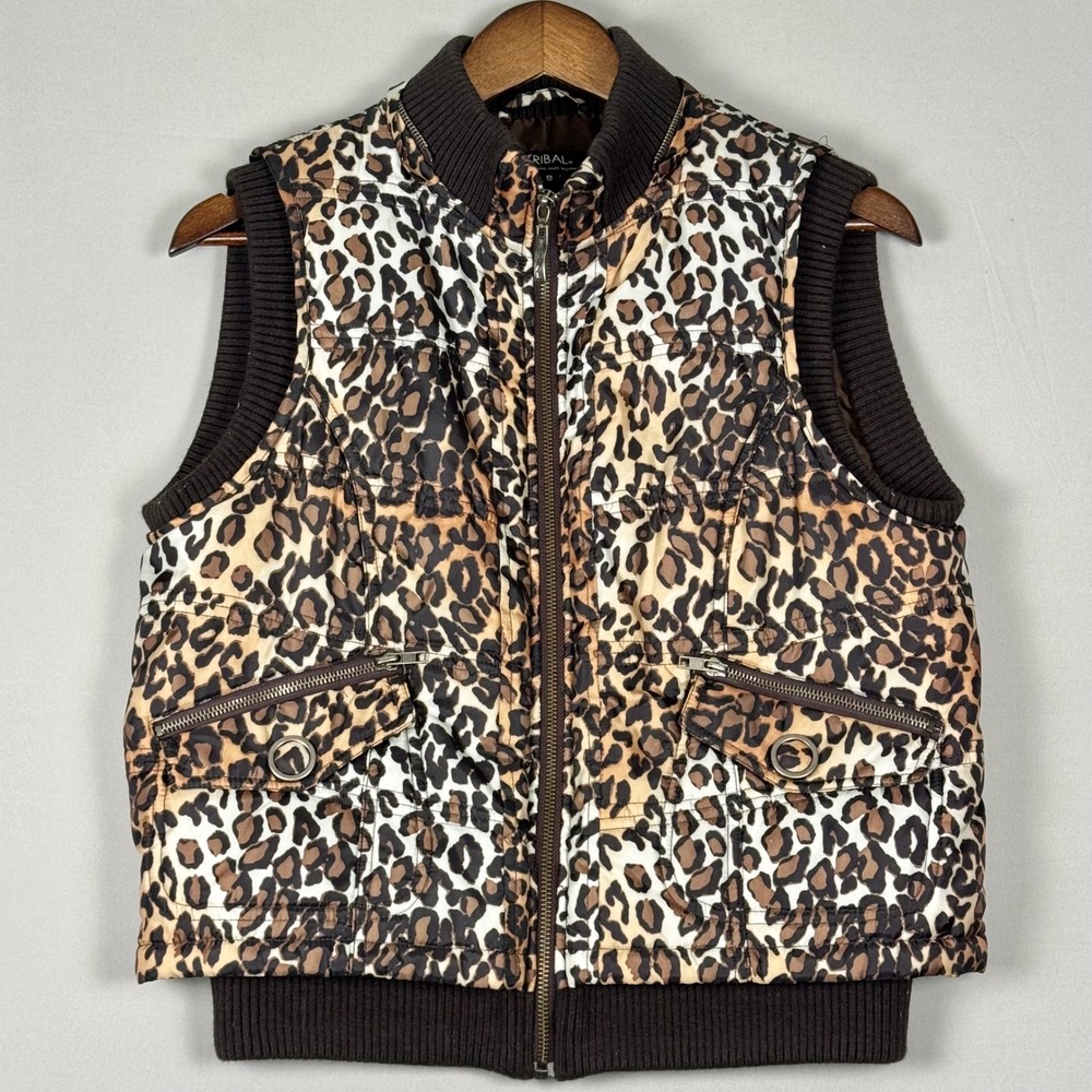 Tribal Puffer Vest Women 8 Brown Leopard Print Excellent Y2K Heavy Quilted